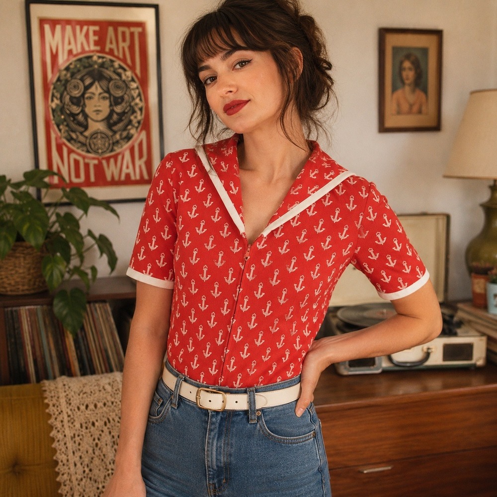 Vintage Nautical Top Anchor Sailor Collar Zip Knit Blouse Retro Women's S Red